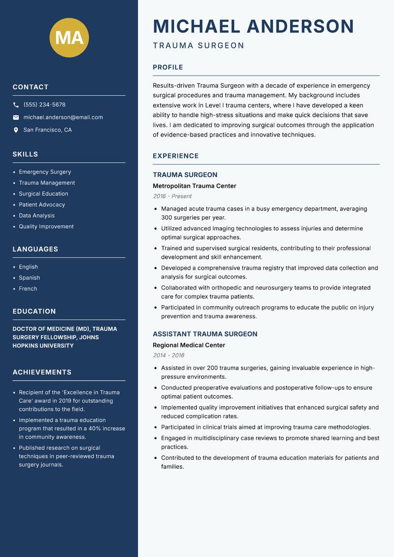 Trauma Surgeon resume template — Classic Clean