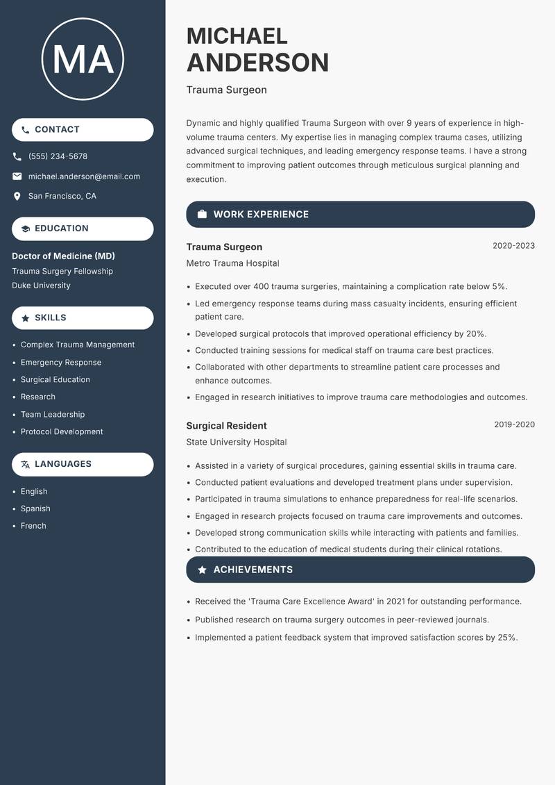 Trauma Surgeon resume template — Compact