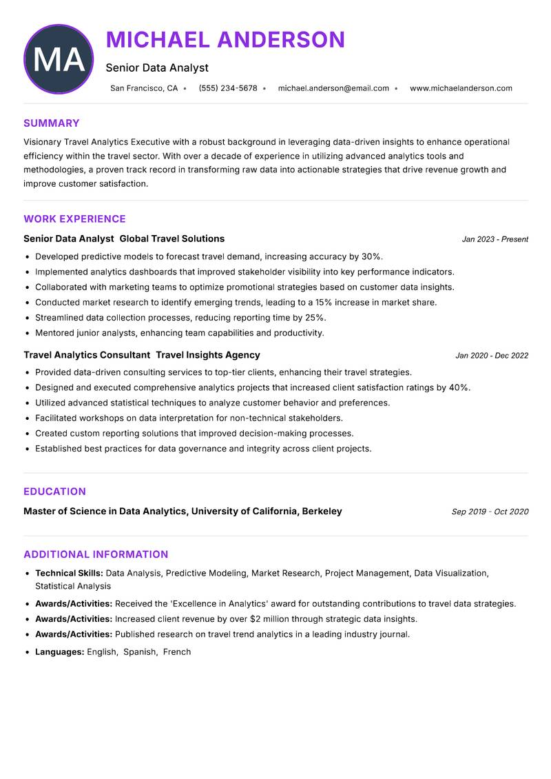 Travel Analytics Executive resume example — ATS-friendly template