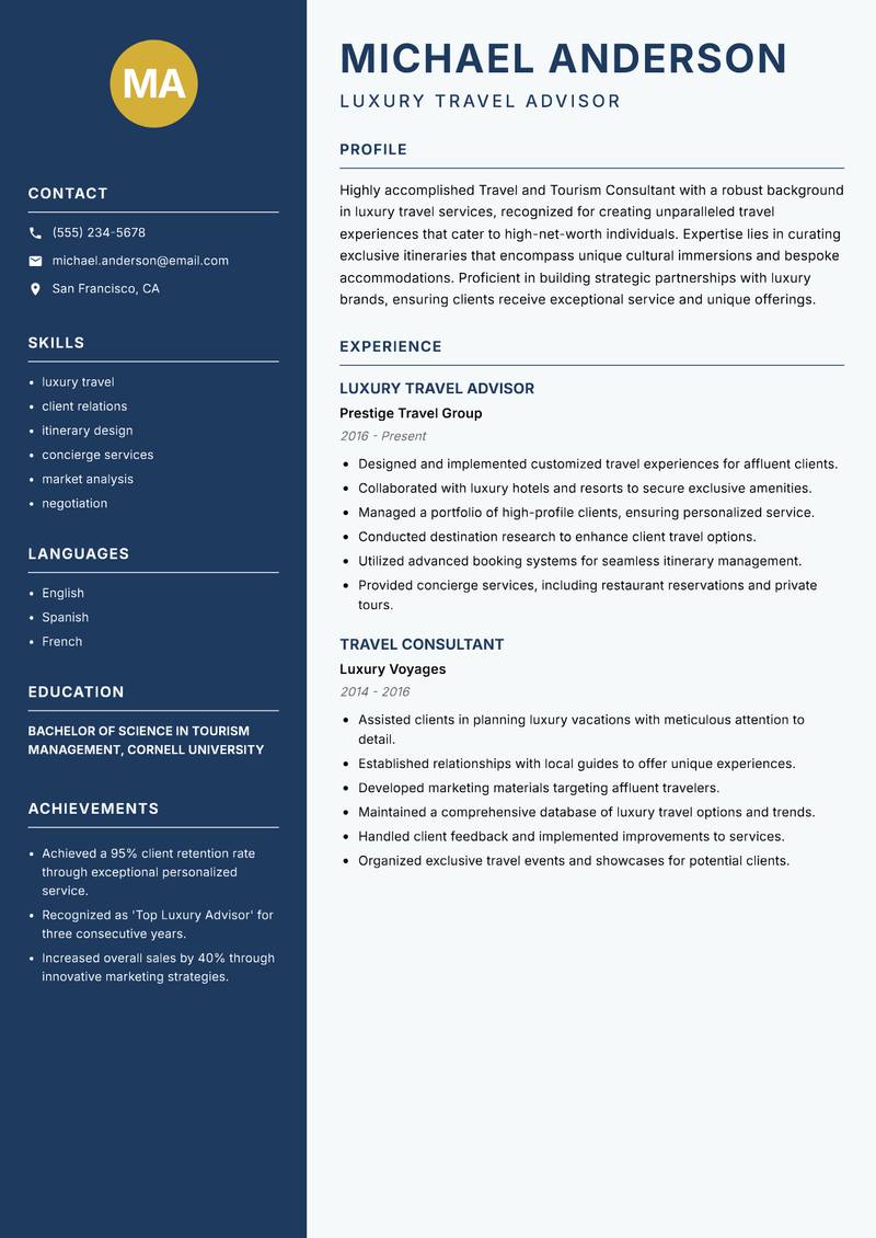 Travel and Tourism Consultant resume template — Classic Clean