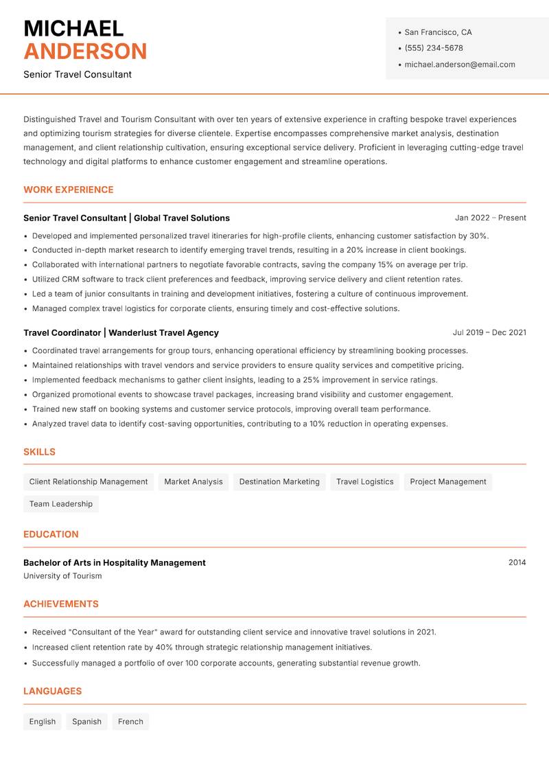 Travel and Tourism Consultant resume template — Modern Professional
