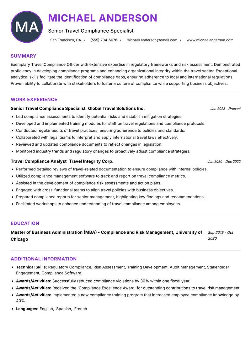 Travel Compliance Officer resume example — ATS-friendly template