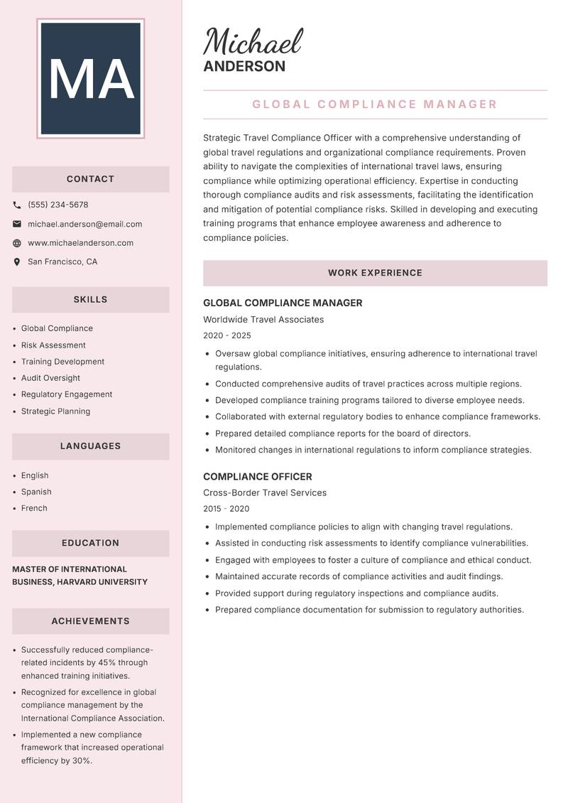 Travel Compliance Officer resume template — Executive