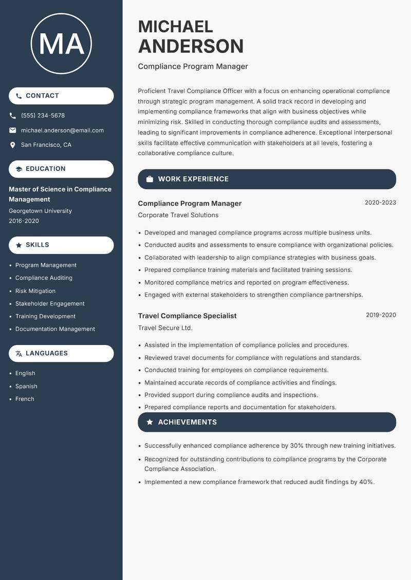 Travel Compliance Officer resume template — Compact