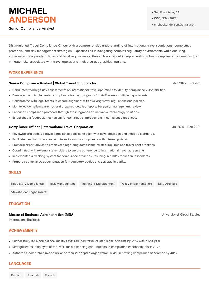 Travel Compliance Officer resume template — Modern Professional