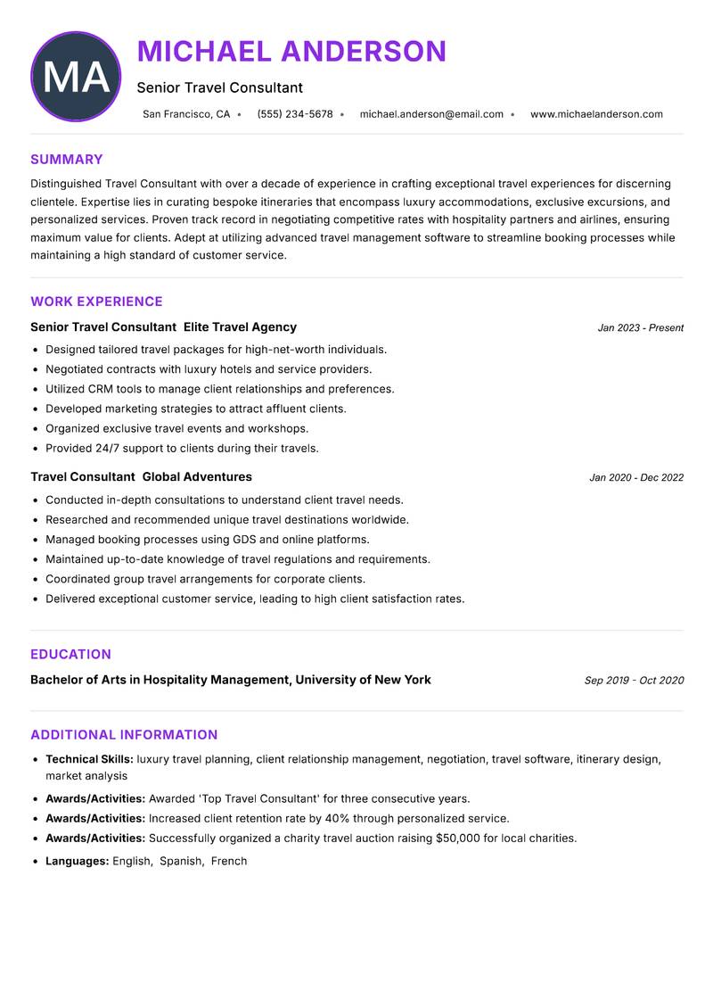 Travel Consultant resume example — ATS-friendly template