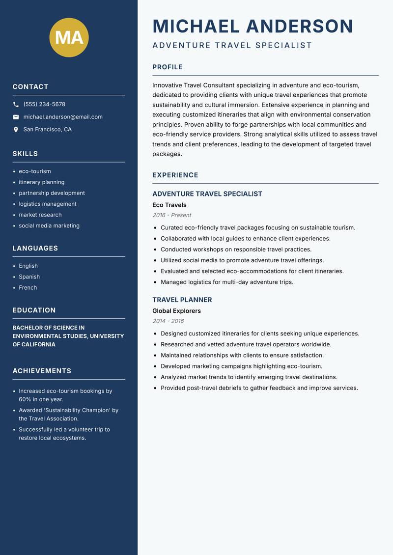 Travel Consultant resume template — Classic Clean