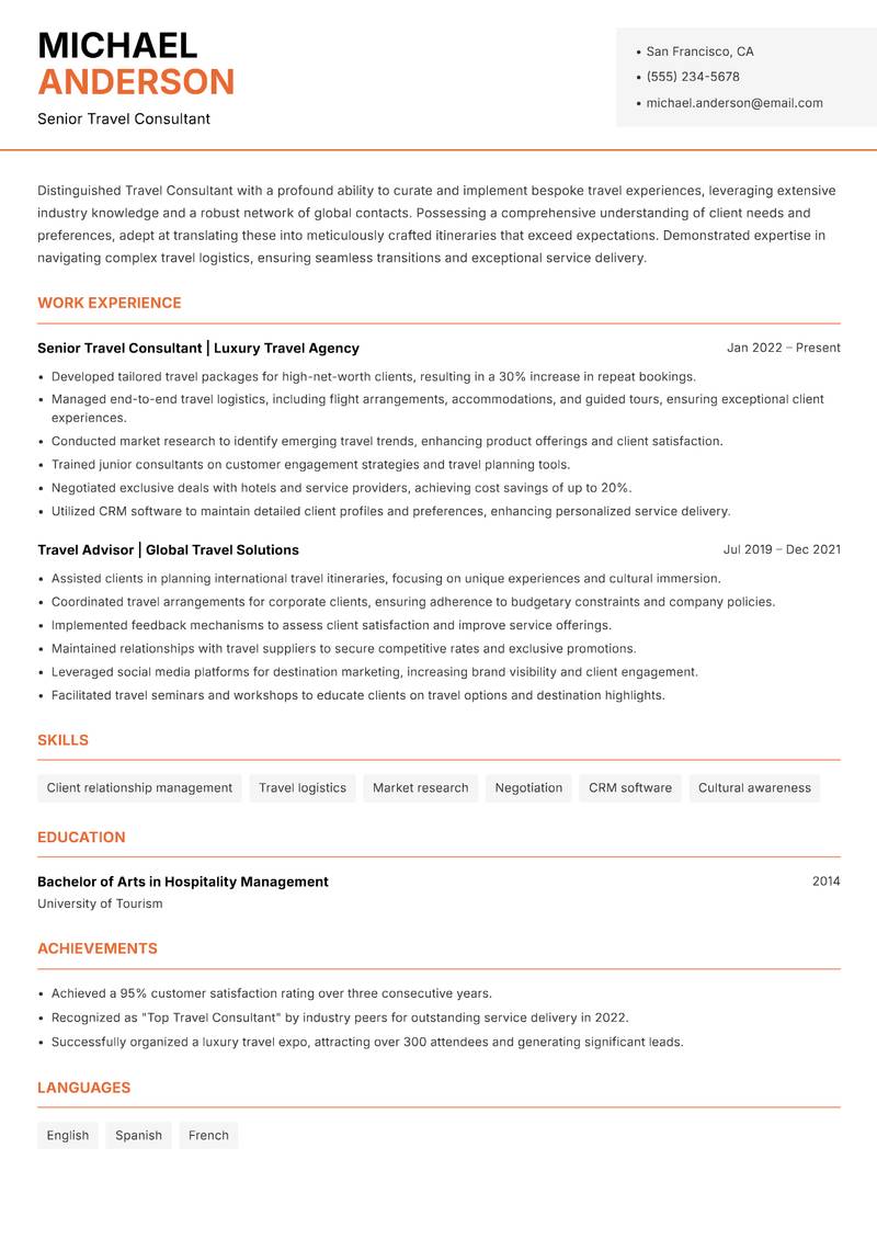 Travel Consultant resume template — Modern Professional