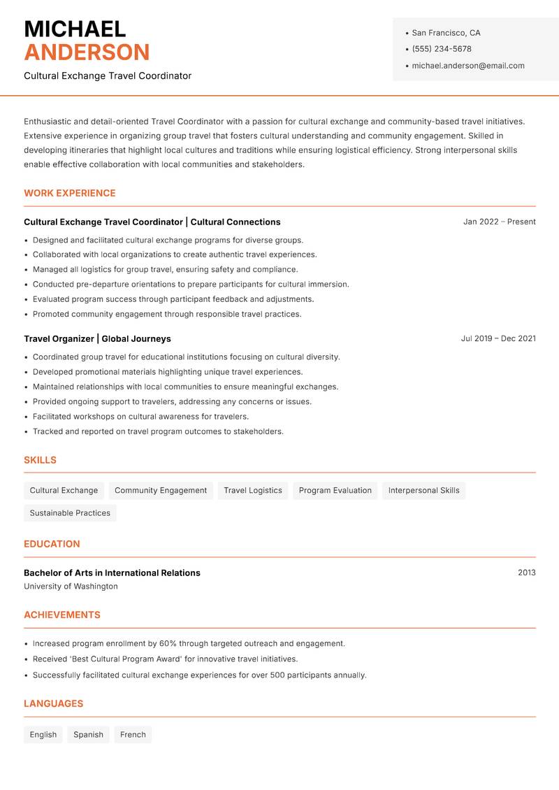 Travel Coordinator resume template — Modern Professional