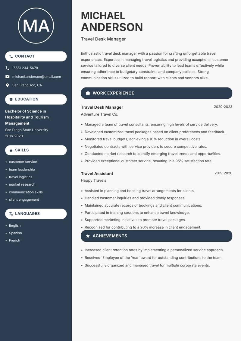 Travel Desk Manager resume template — Compact