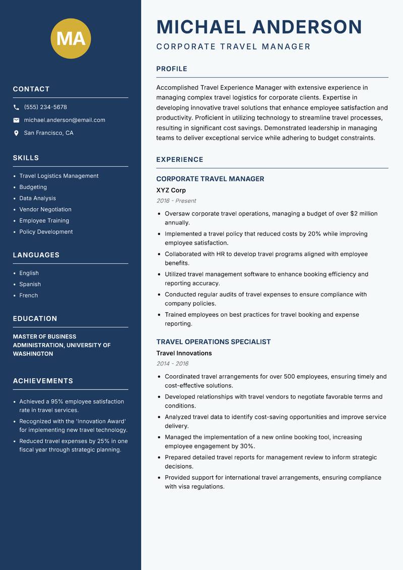 Travel Experience Manager resume template — Classic Clean