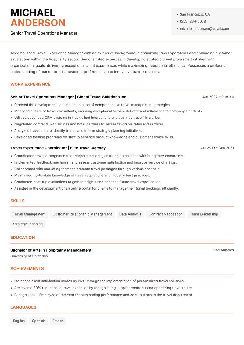 Travel Experience Manager resume template — Modern Professional