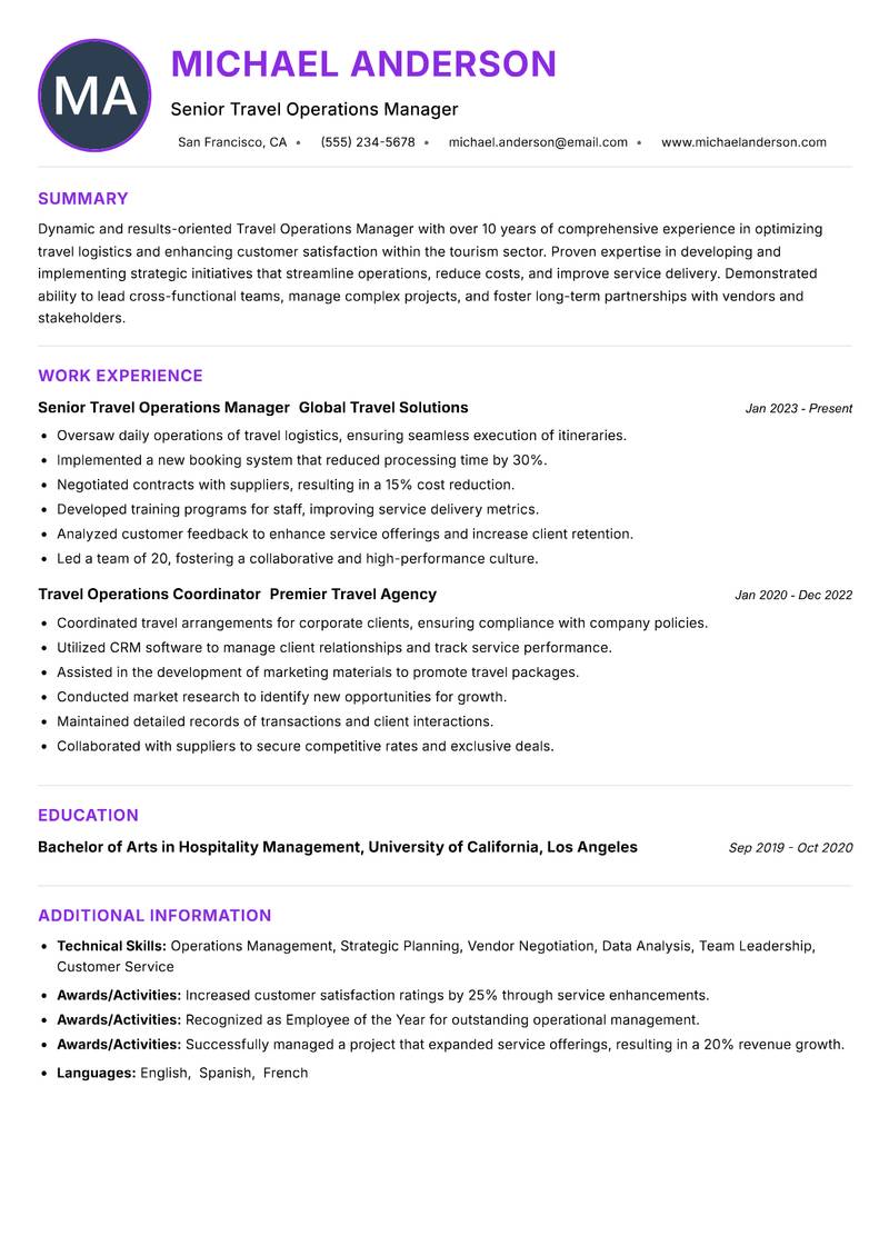 Travel Operations Manager resume example — ATS-friendly template