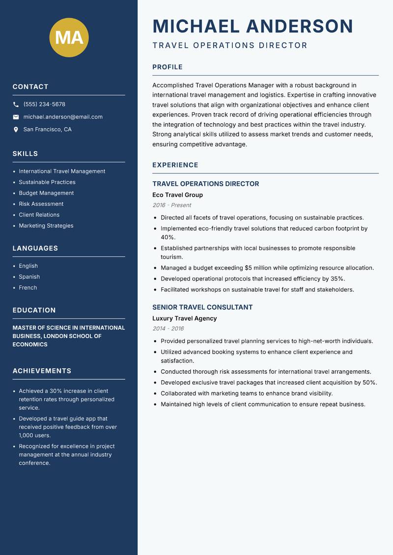 Travel Operations Manager resume template — Classic Clean