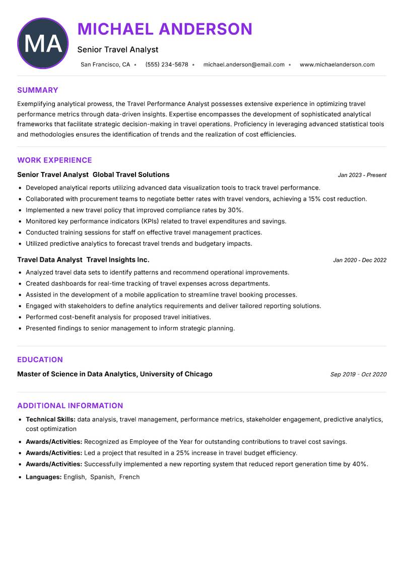 Travel Performance Analyst resume example — ATS-friendly template