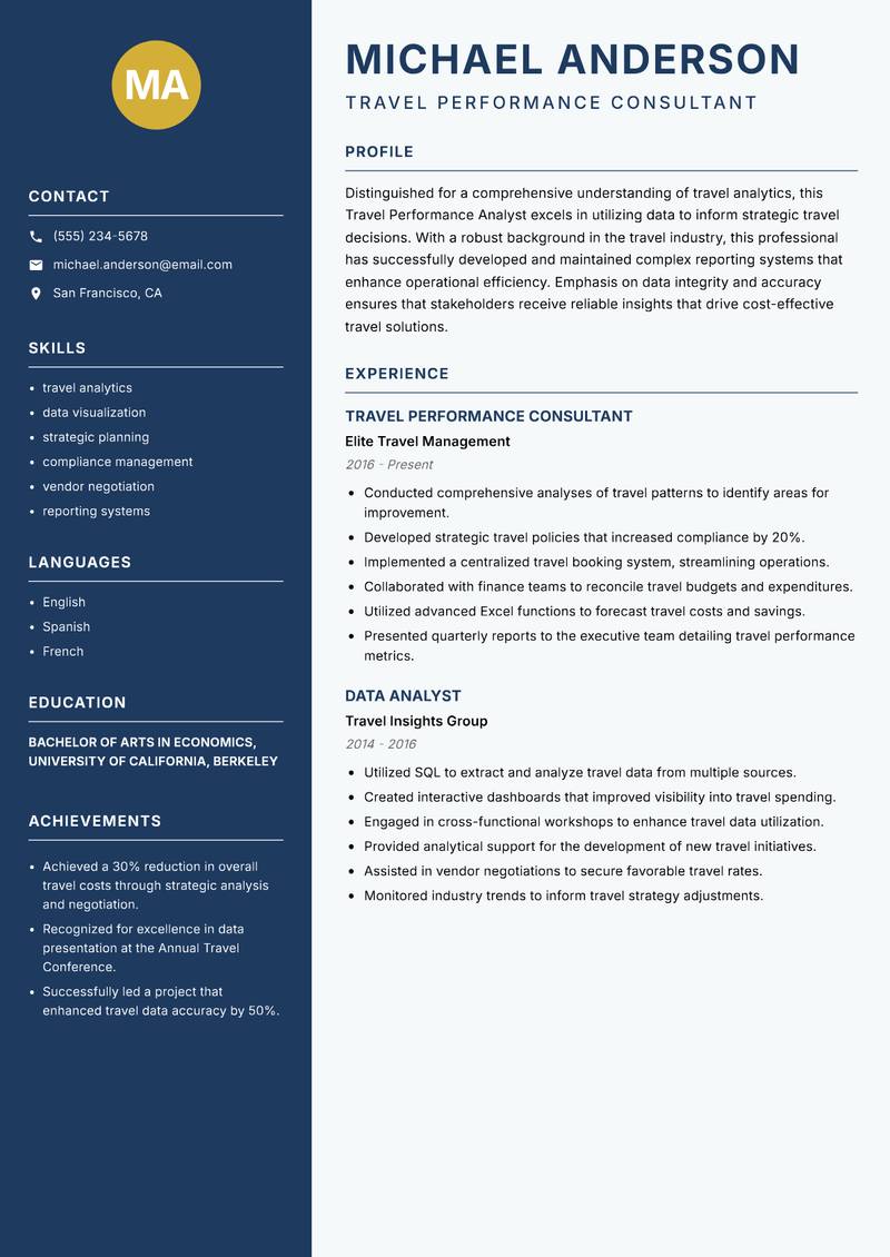Travel Performance Analyst resume template — Classic Clean