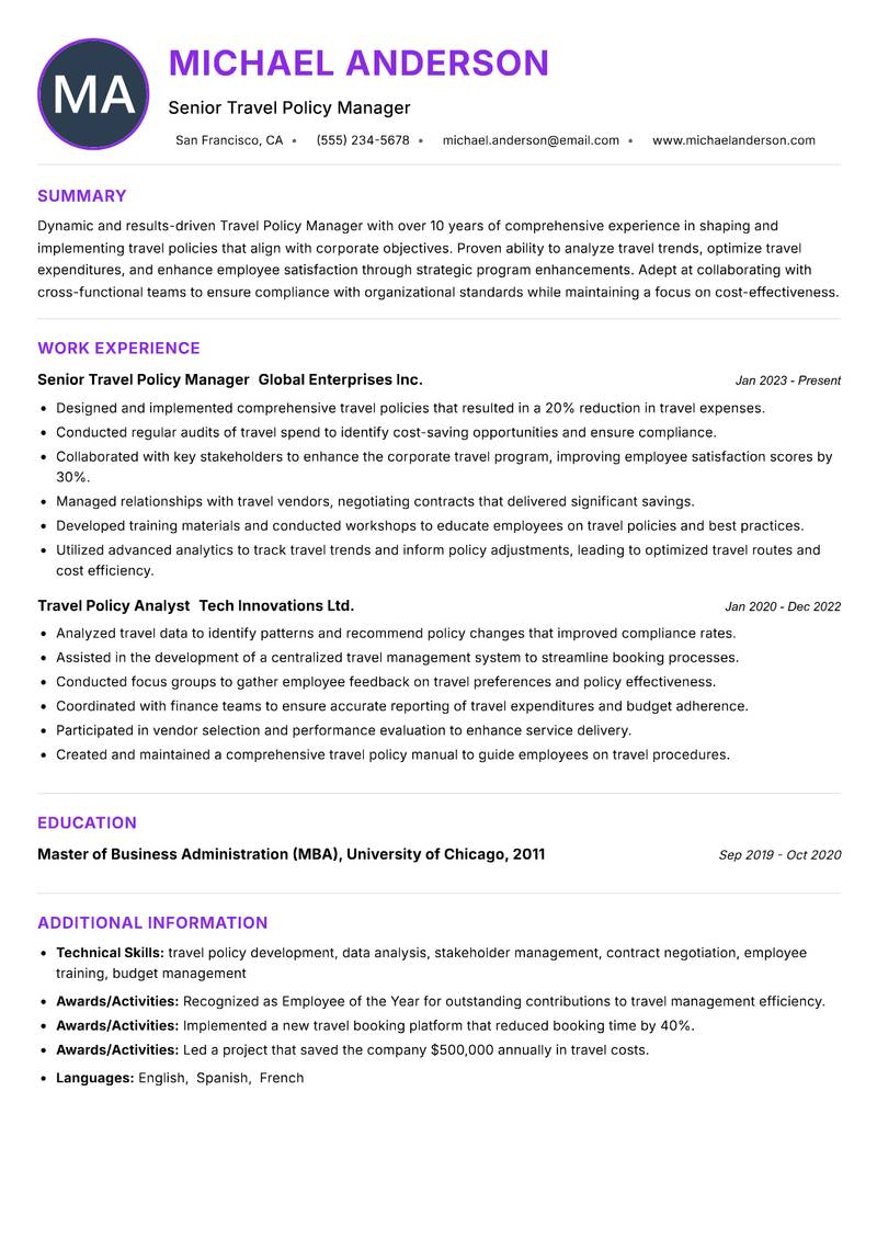 Travel Policy Manager resume example — ATS-friendly template