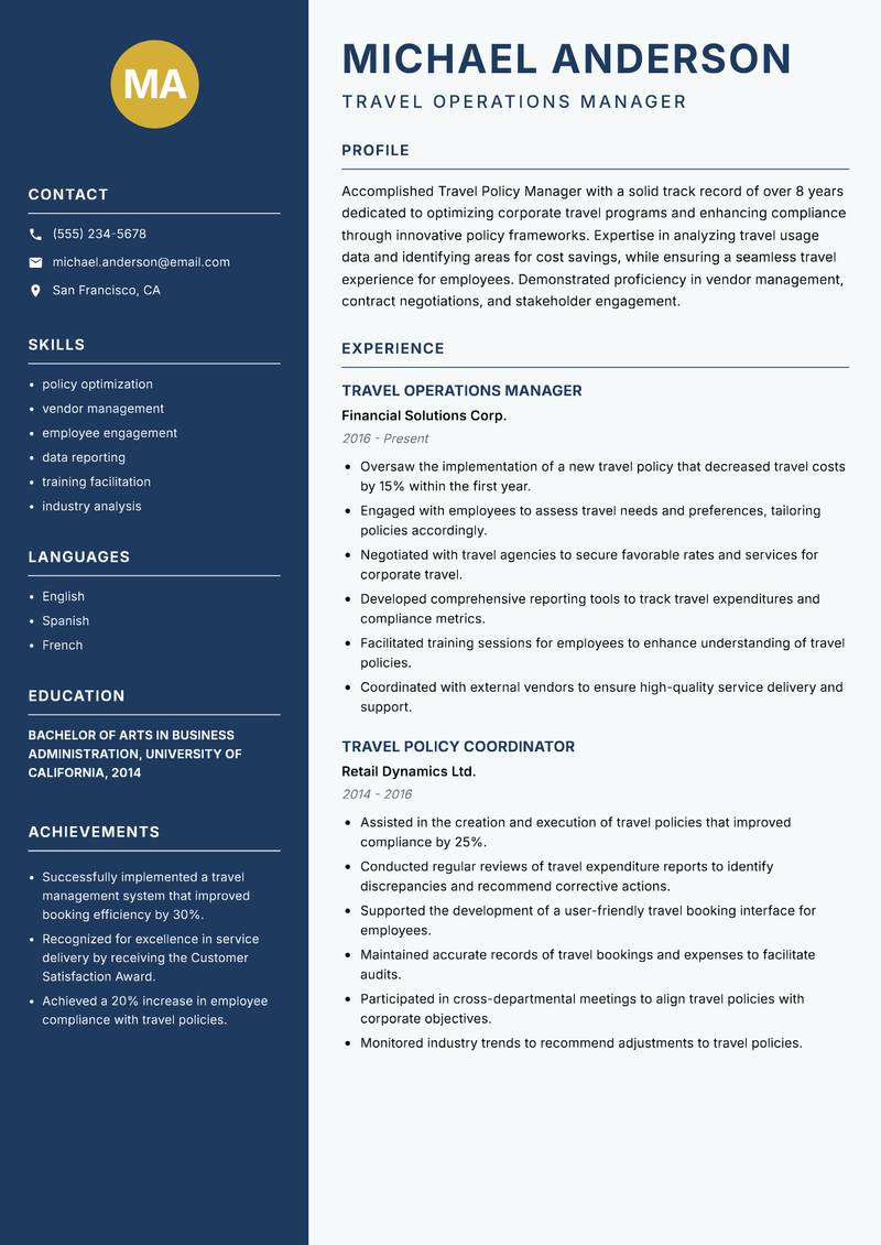 Travel Policy Manager resume template — Classic Clean