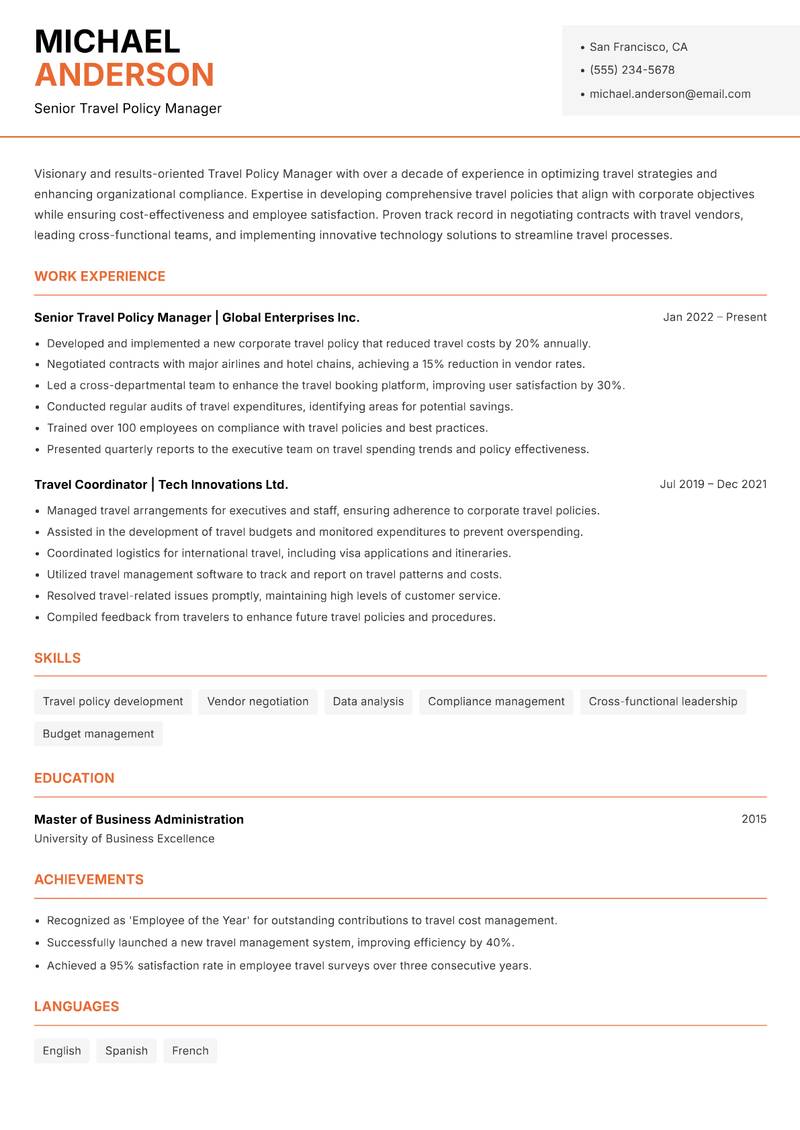 Travel Policy Manager resume template — Modern Professional