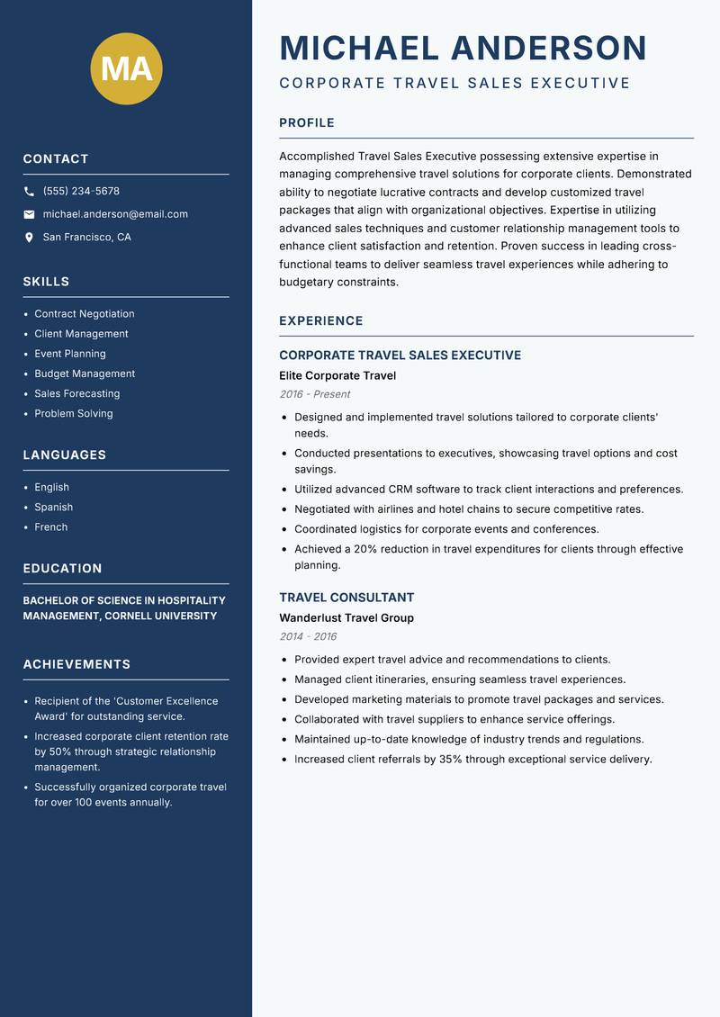 Travel Sales Executive resume template — Classic Clean
