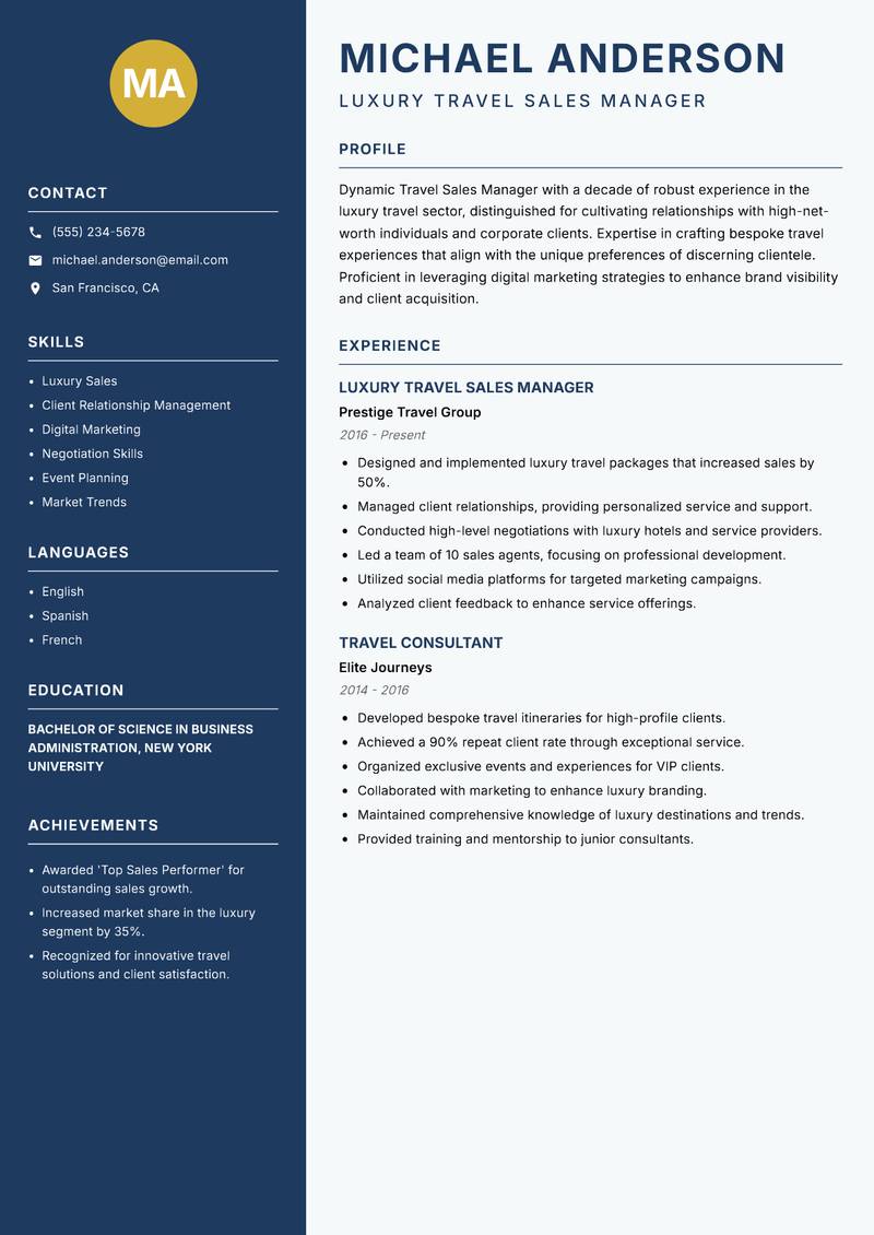 Travel Sales Manager resume template — Classic Clean