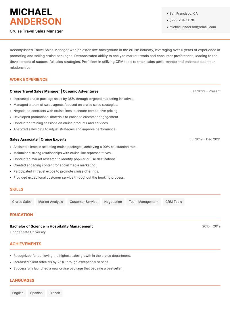 Travel Sales Manager resume template — Modern Professional