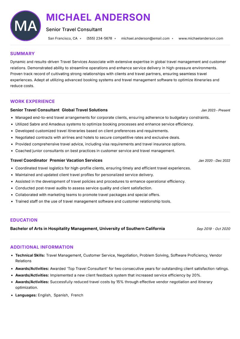 Travel Services Associate resume example — ATS-friendly template