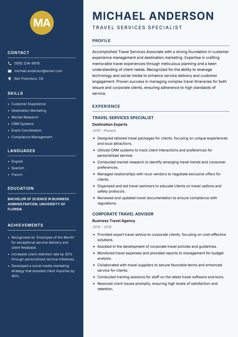 Travel Services Associate resume template — Classic Clean