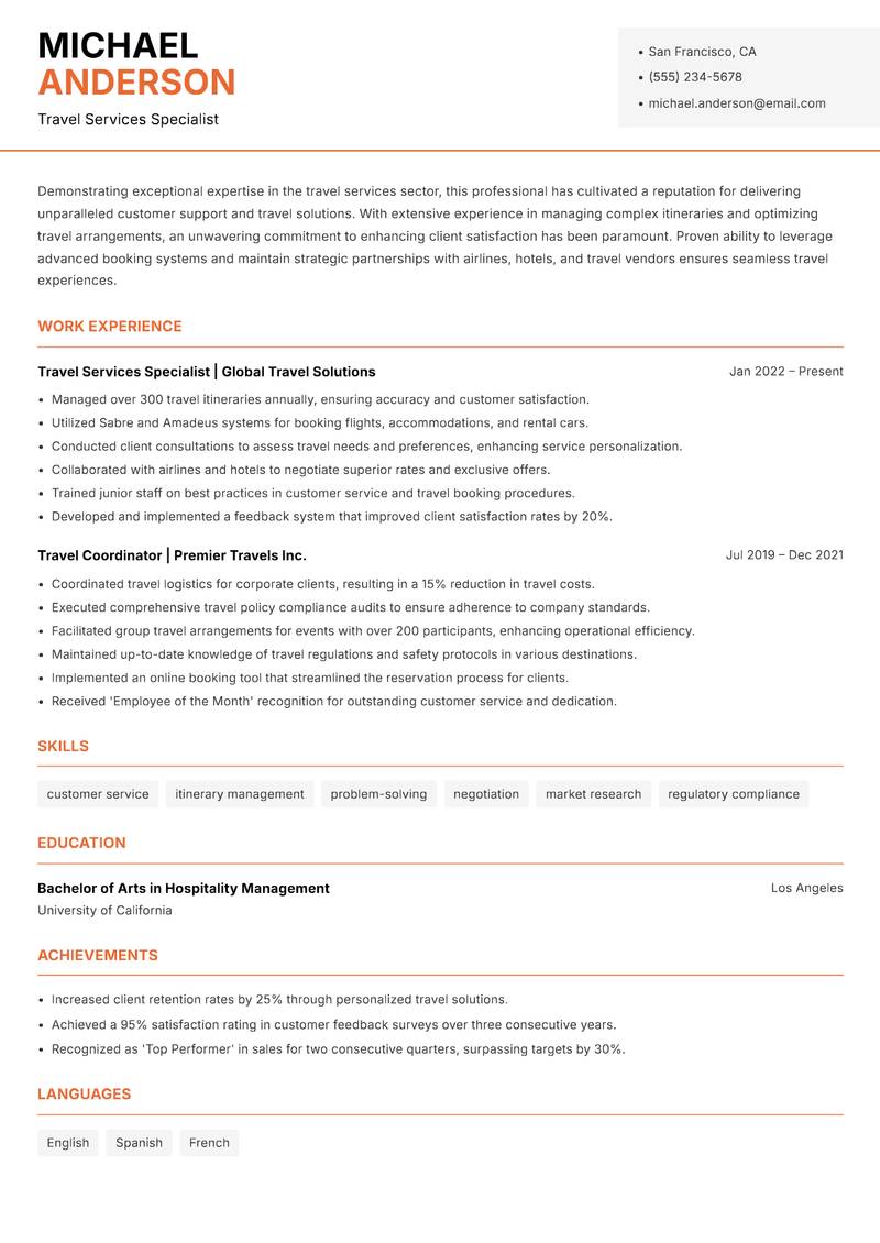 Travel Services Associate resume template — Modern Professional