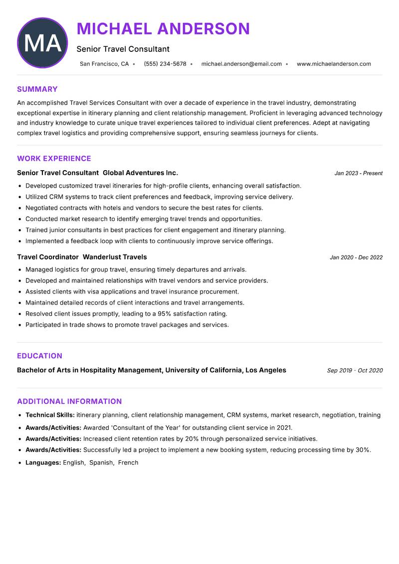 Travel Services Consultant resume example — ATS-friendly template