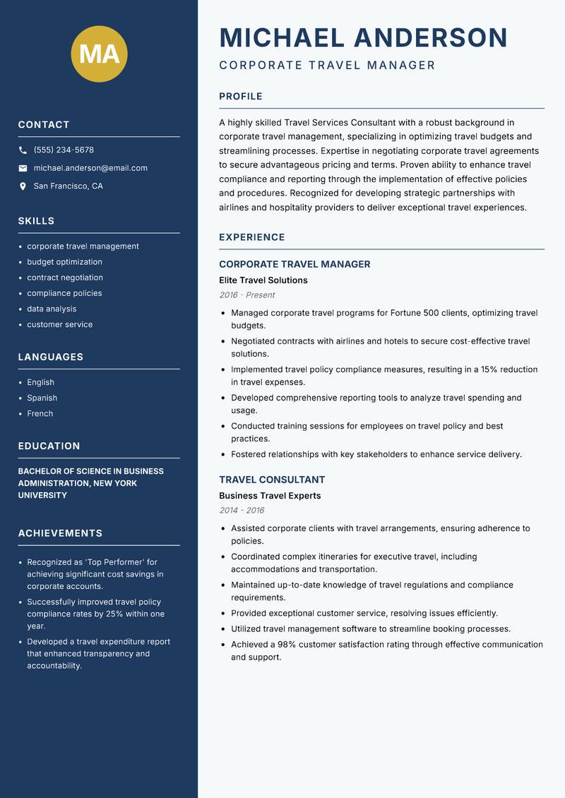 Travel Services Consultant resume template — Classic Clean
