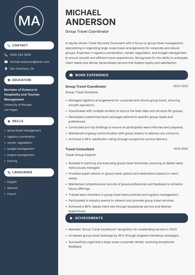 Travel Services Consultant resume template — Compact