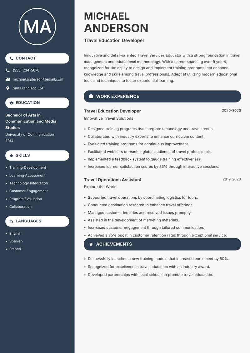 Travel Services Educator resume template — Compact