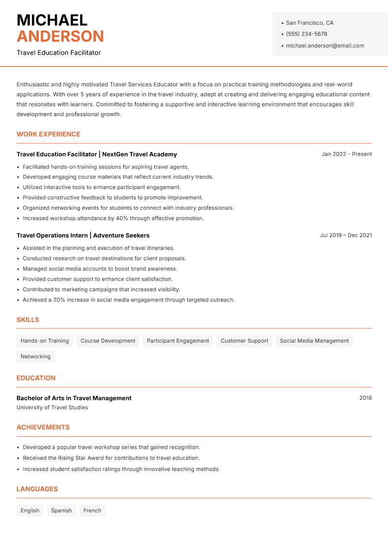 Travel Services Educator resume template — Modern Professional
