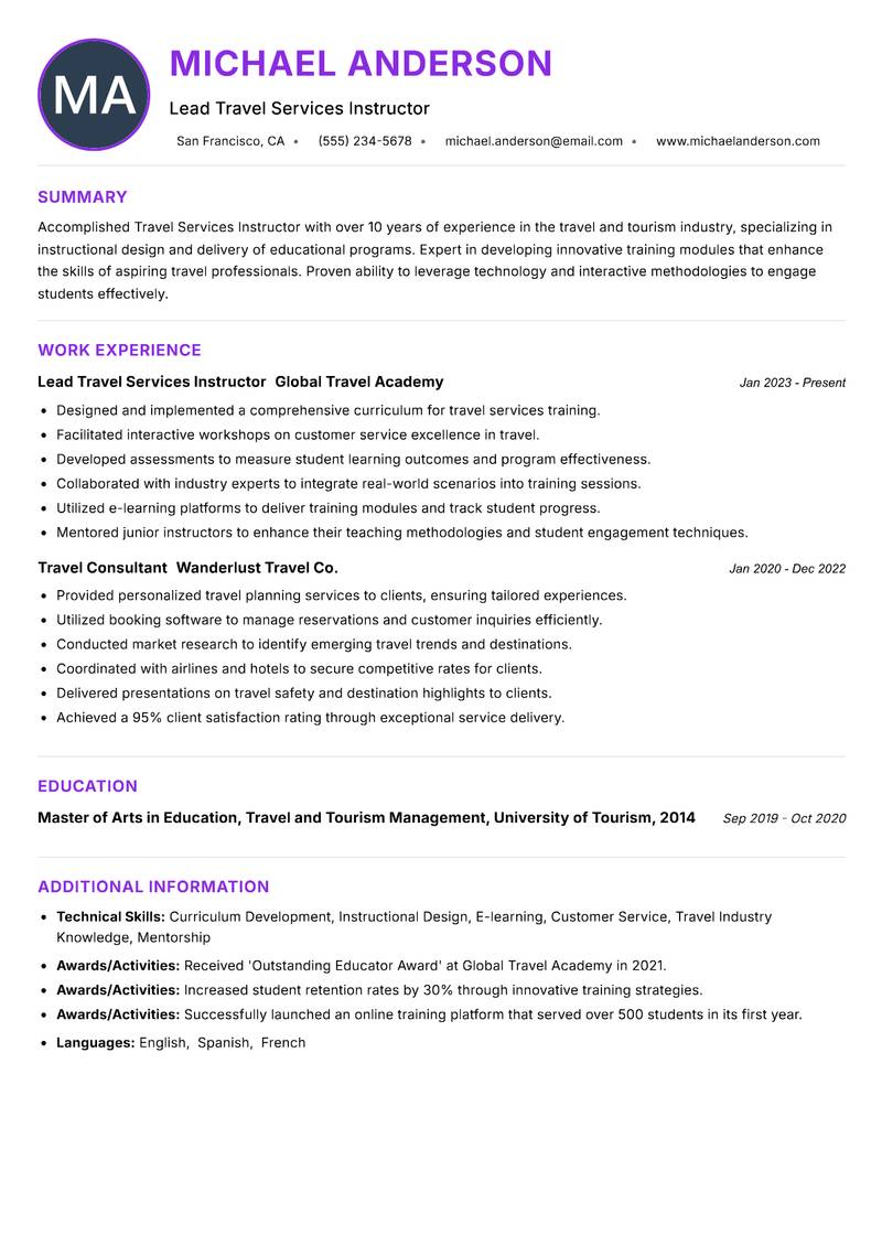 Travel Services Instructor resume example — ATS-friendly template