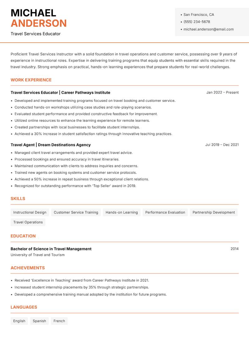 Travel Services Instructor resume template — Modern Professional