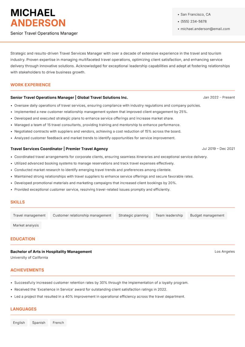 Travel Services Manager resume template — Modern Professional