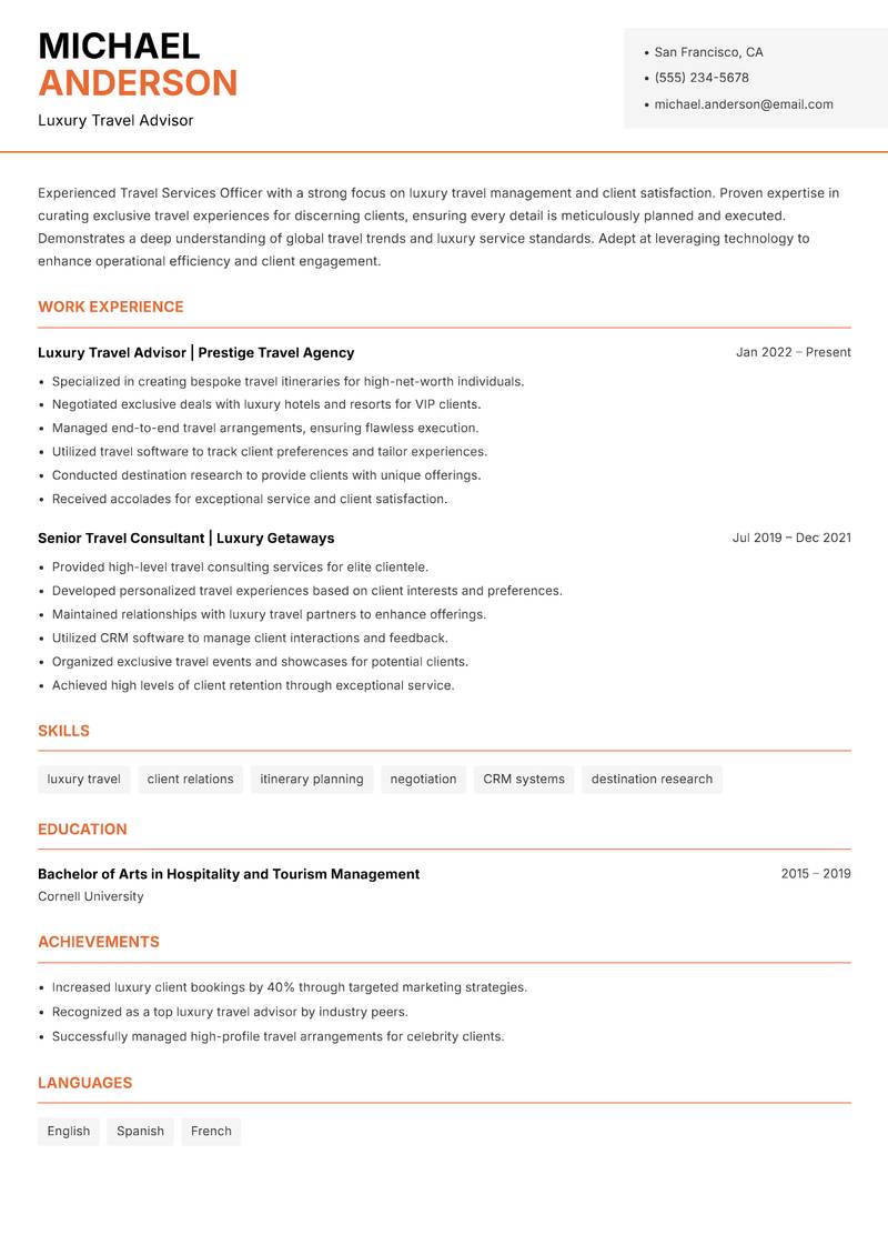Travel Services Officer resume template — Modern Professional