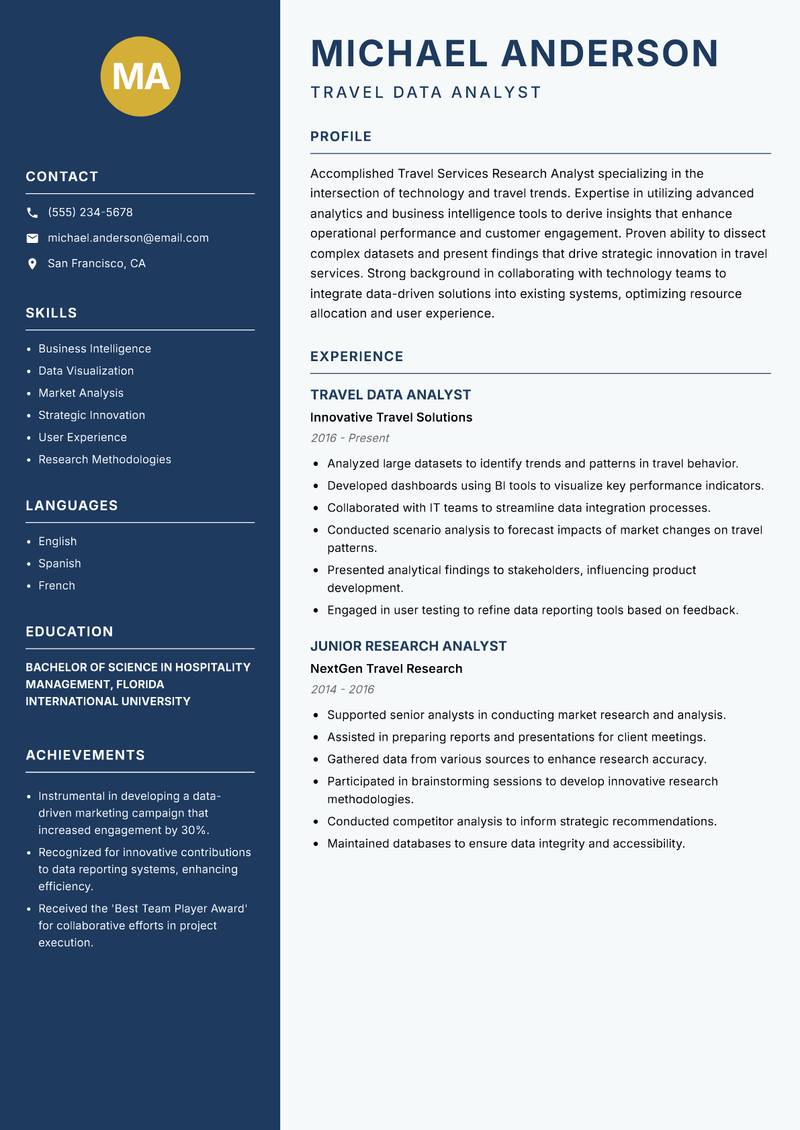 Travel Services Research Analyst resume template — Classic Clean