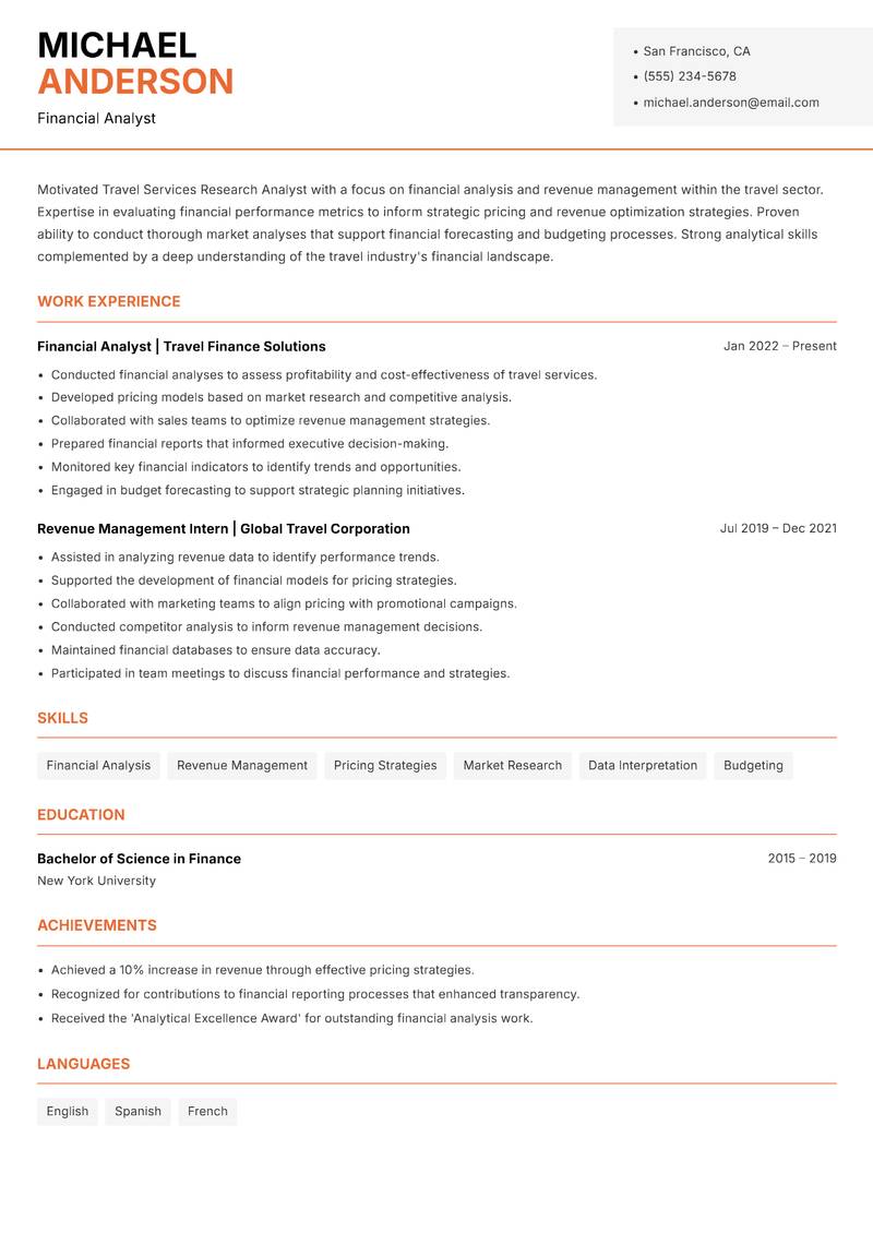 Travel Services Research Analyst resume template — Modern Professional