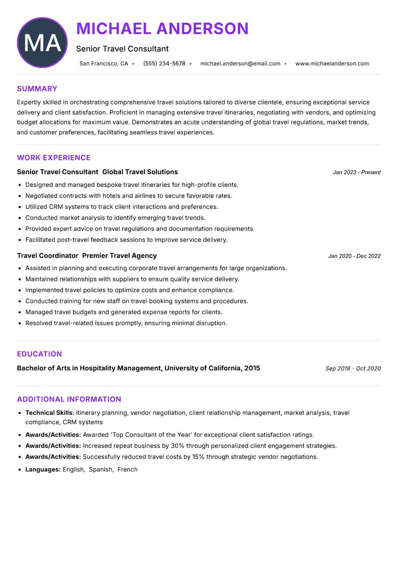 Travel Services Specialist resume example — ATS-friendly template