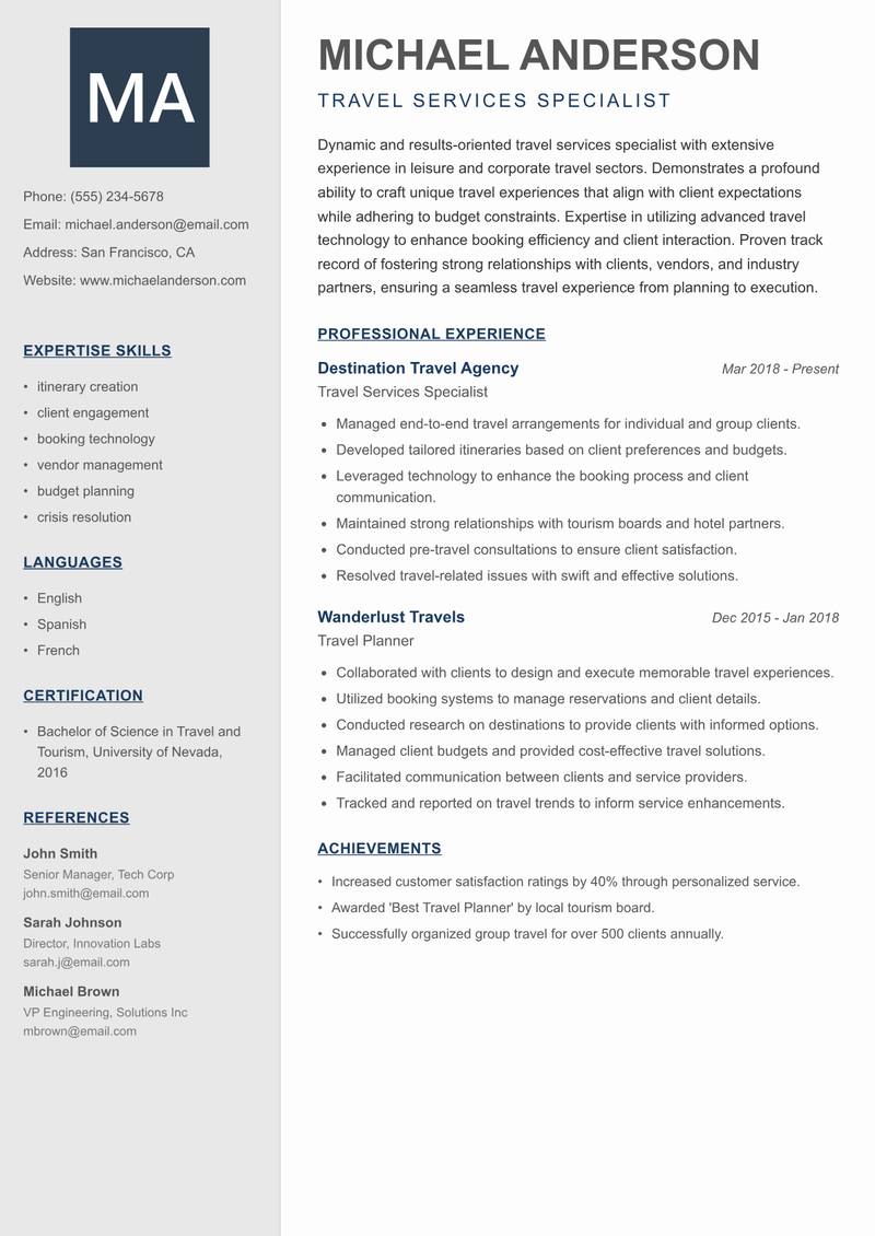 Travel Services Specialist resume template — Creative Minimal