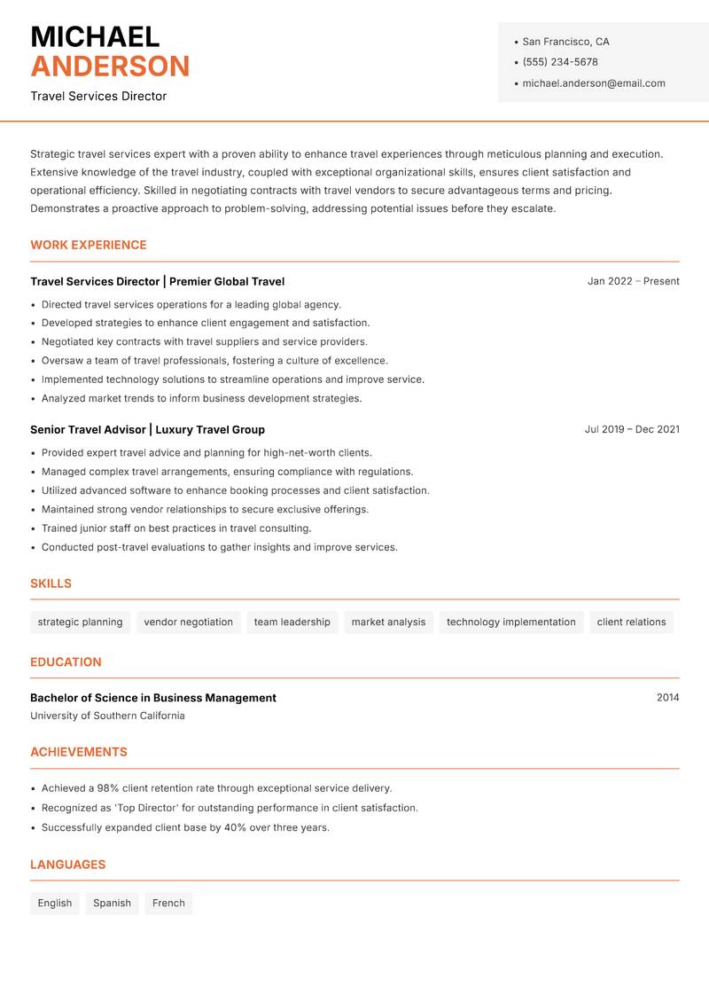 Travel Services Specialist resume template — Modern Professional