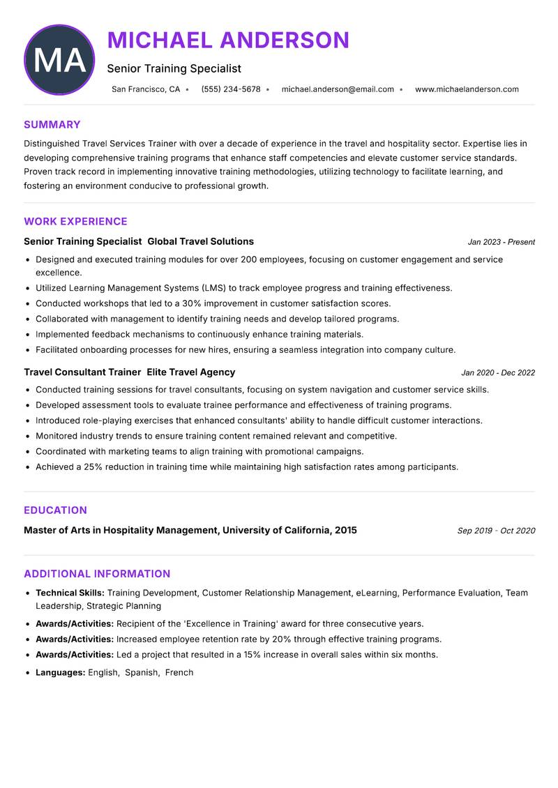 Travel Services Trainer resume example — ATS-friendly template