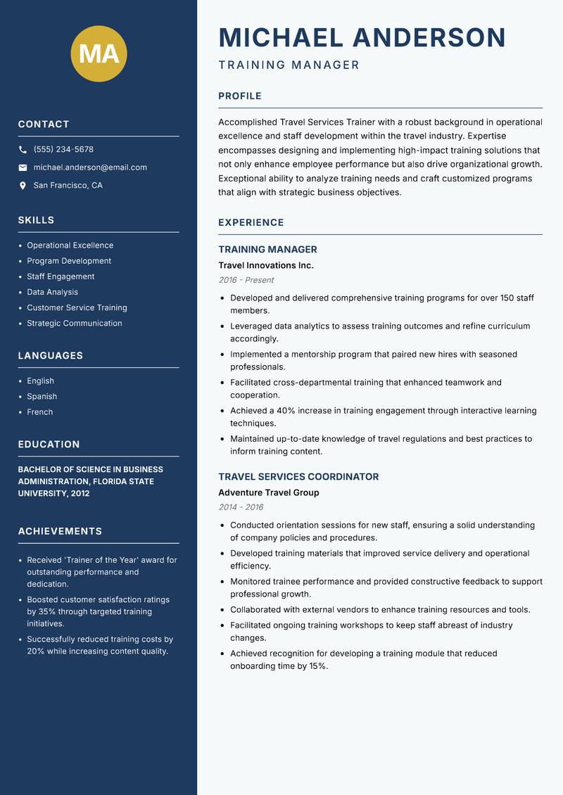 Travel Services Trainer resume template — Classic Clean