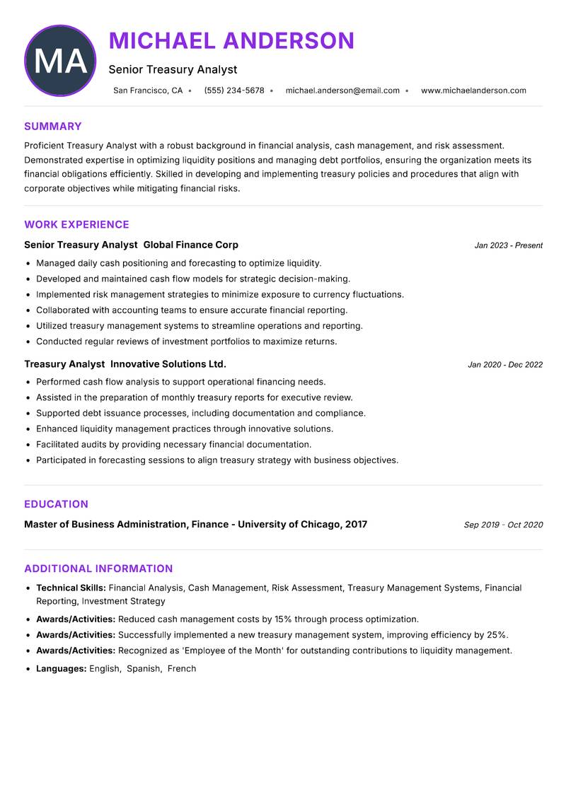 Treasury Analyst resume example — ATS-friendly template