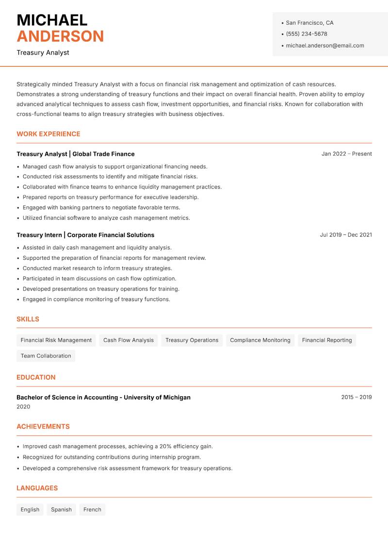 Treasury Analyst resume template — Modern Professional