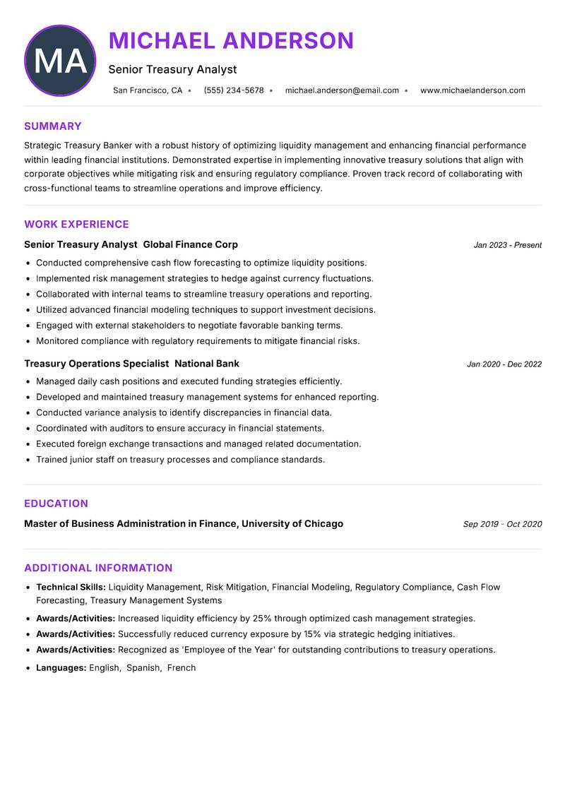 Treasury Banker resume example — ATS-friendly template