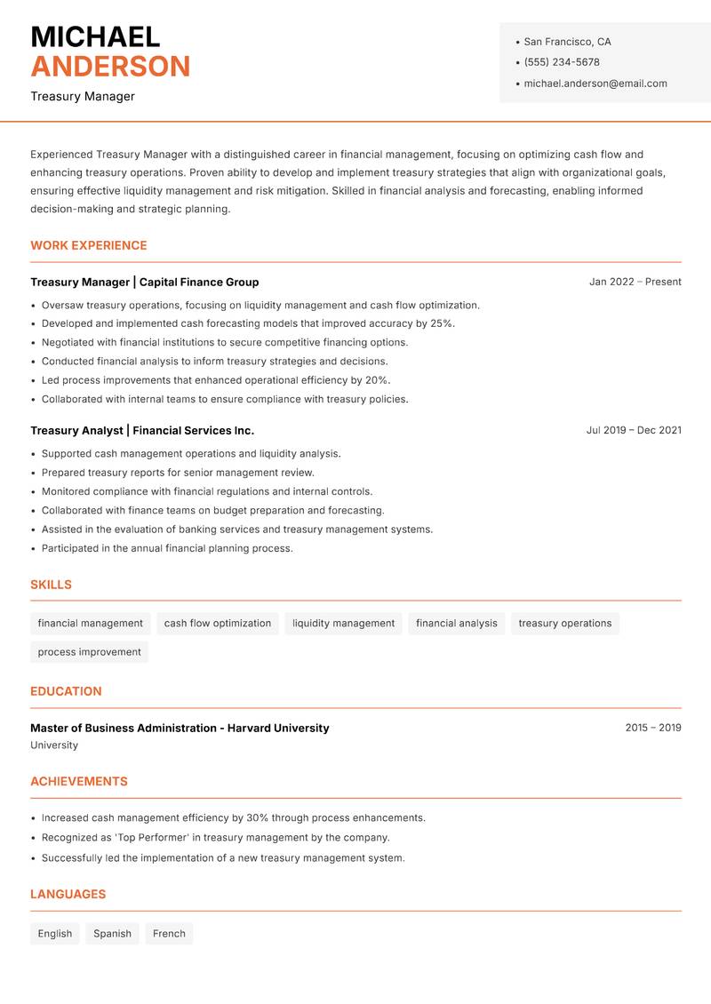Treasury Manager resume template — Modern Professional