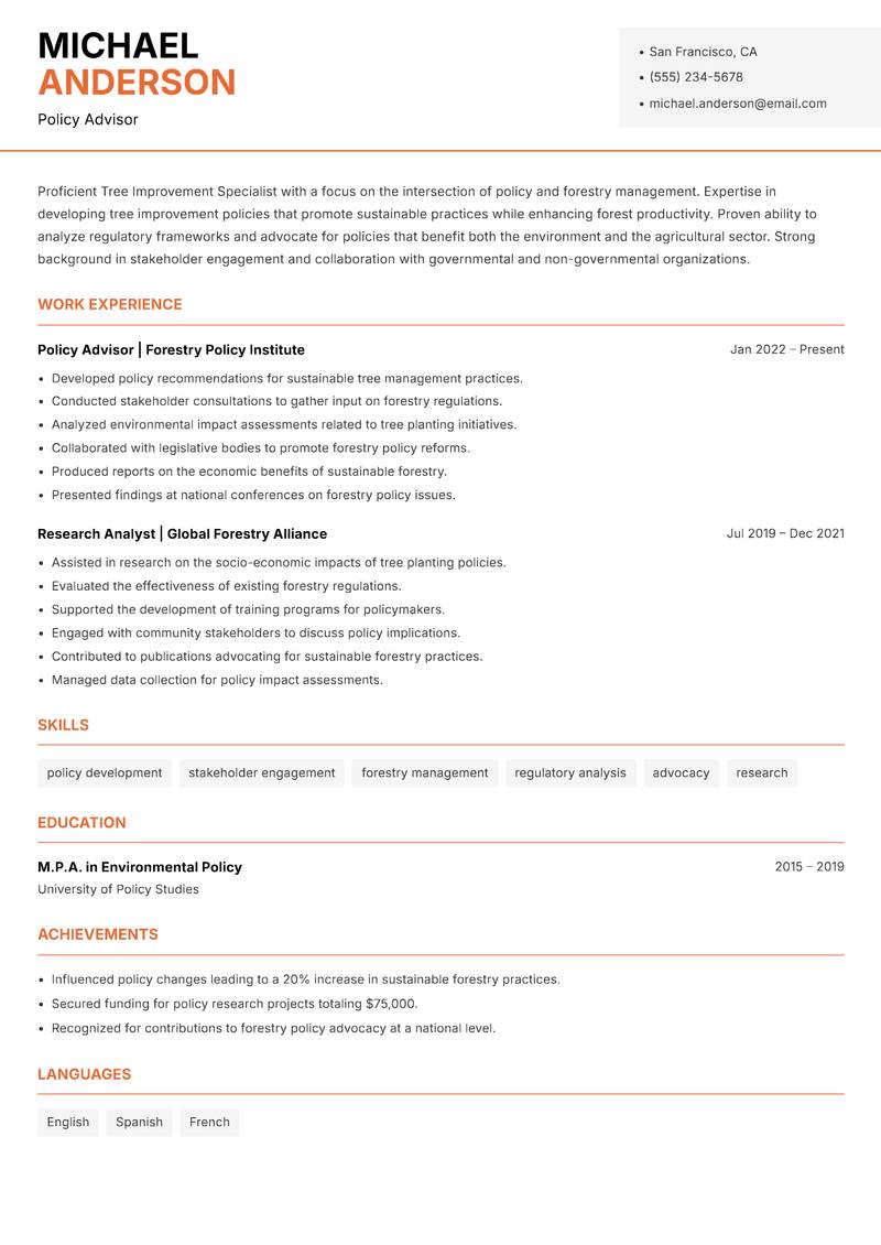 Tree Improvement Specialist resume template — Modern Professional